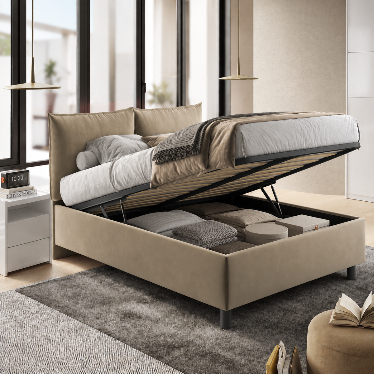 Letto Nube Matrimoniale con Contenitore e Testiera Imbottita